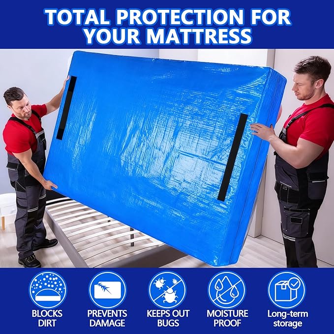 Heavy Duty Mattress Bags for Moving and Storage, Extra-Thick Queen Size Mattress Bag for Moving with 12 Handles, Reusable and Durable Storage Bag Protector with Zipper, Blue