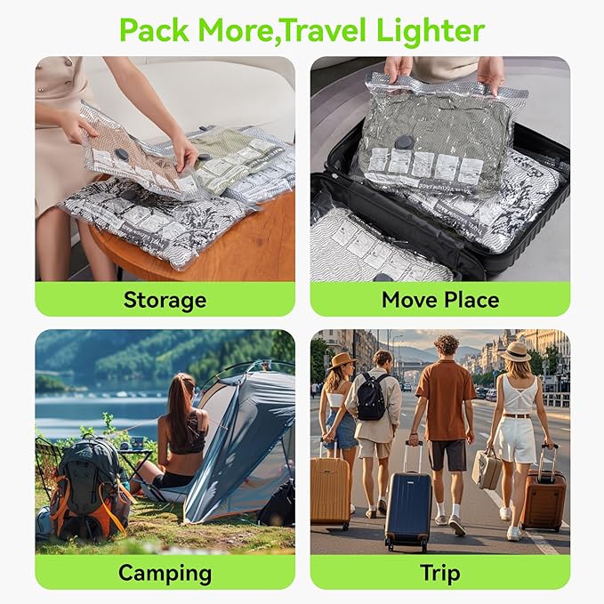 Vacuum Bags for Travel with USB & TYPE C Pump, Vacuum Seal Travel Bags, 15 Pack Carry-On Vacuum Storage Bags for Luggage & Suitcase, Space Saver for Clothes & Travel(Green)