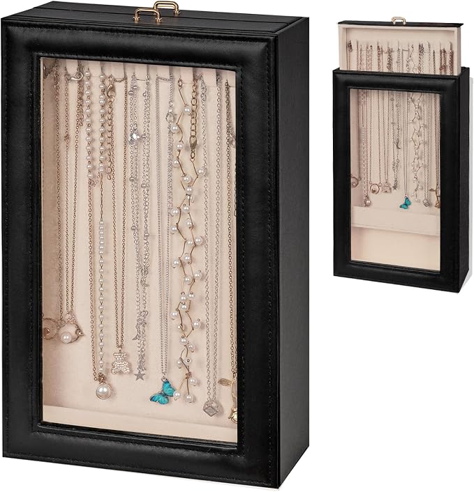 2-Layer Necklace Organizer Box with Double-Sided Clear Lid, Black | Jewelry Storage Case, Anti-Tangle Necklaces Display Holder for Pendants Bracelets, Jewelry Organizer for Women Girls