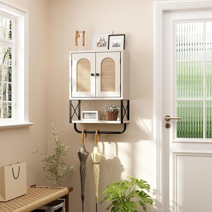 RUSTOWN Rattan Bathroom Wall Cabinet, Boho Over The Toilet Storage Cabinet | Arched Rattan Doors, Modern Medicine Cabinet, Adjustable Shelves, Towel Bar, Vintage White