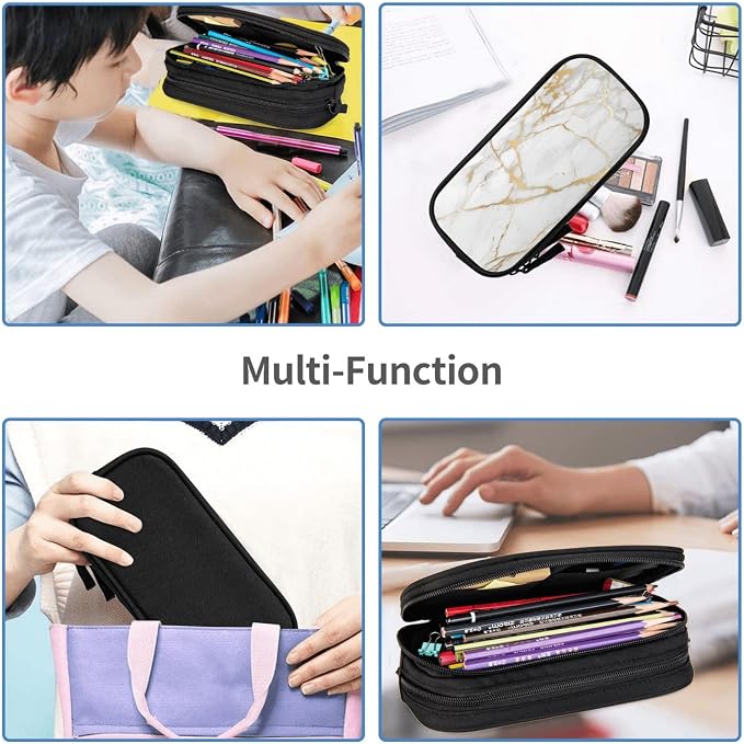 Perinsto Golden And White Marble Print Pencil Case Big Capacity Multi Compartment Stationery Box Pencil Pouch Holder Desk Organizer For School Office Home
