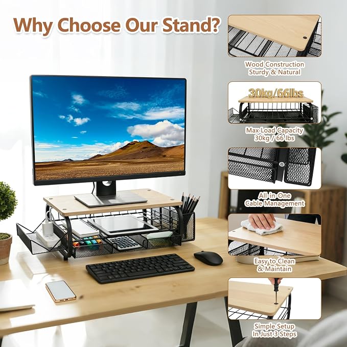 Desk Organizers and Accessories Monitor Riser, Monitor Stand with Drawer (2-Tier Drawers) with Large Side Storage Rack & Cable Management,66LBS/30KG, Office Organization, Oak