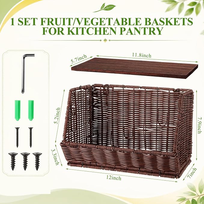 FoldTier Rattan Wicker Fruit Basket with Lid - 12 inch Stackable Wall Mounted Hanging Rattan Storage Basket for Kitchen Counter Handwoven Countertop Produce Organizer for Fruits Vegetables Snacks
