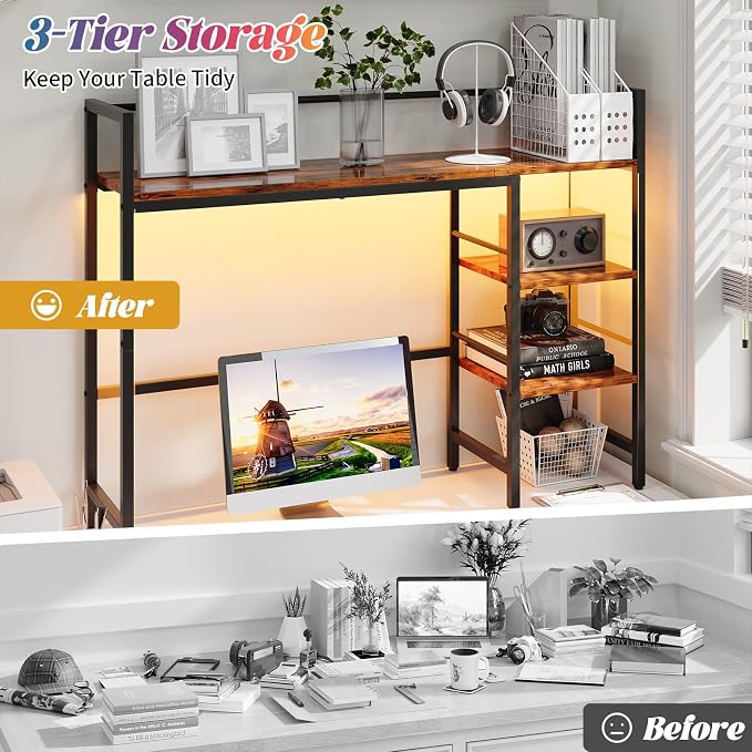 HavenlyYouth Desk Shelf with LED Light Strip, 3-Tier Storage Desktop Organizer Shelf, 38.6" Wood Desktop Bookshelf for Computer Monitor, Desk Hutch for Home Office Dorm, Rustic