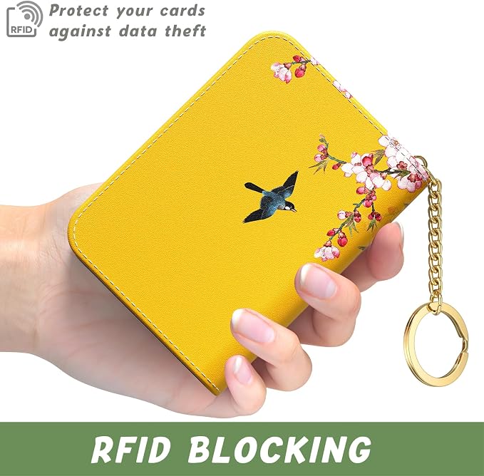Aiawoxc Credit Card Holder, Small RFID Wallet Slim Leather Card Organizer Case with Zipper and Keychain, Beauty Flowers
