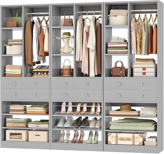 Besiost Closet System, 84"/7 FT Closet Organizer System with Drawers and Shelves, Walk-in Closets Systems, Free Standing Reach in Closet Tower, Load 1800+LBS, Morandi Grey 3 Pack