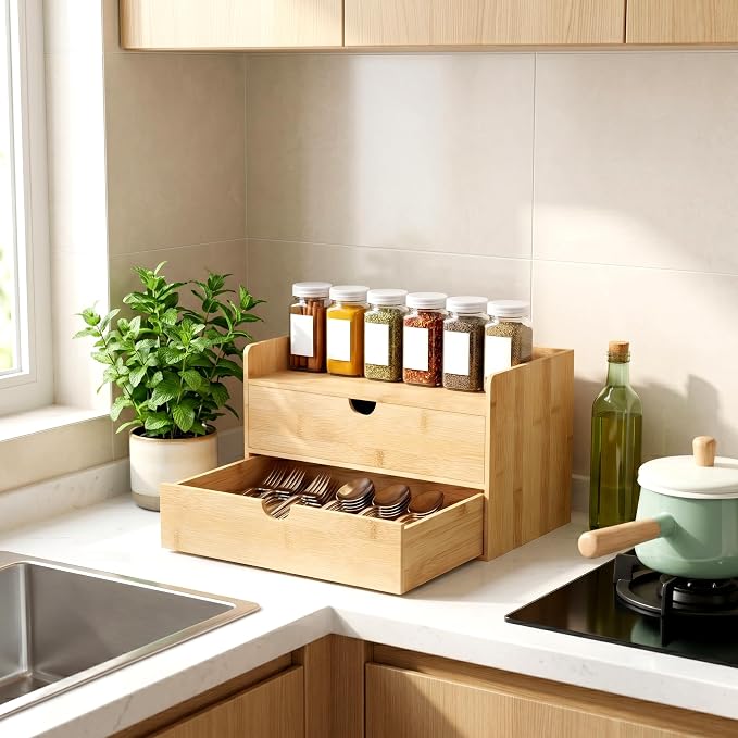 Bamboo Desk Organizer with Drawers, Desktop Storage for Office Supplies | 2 Drawers Desktop organizer, No Assembly Required, Natural Wood Wooden Desktop Drawers Box for Bills, Cosmetics, Seals, Paper