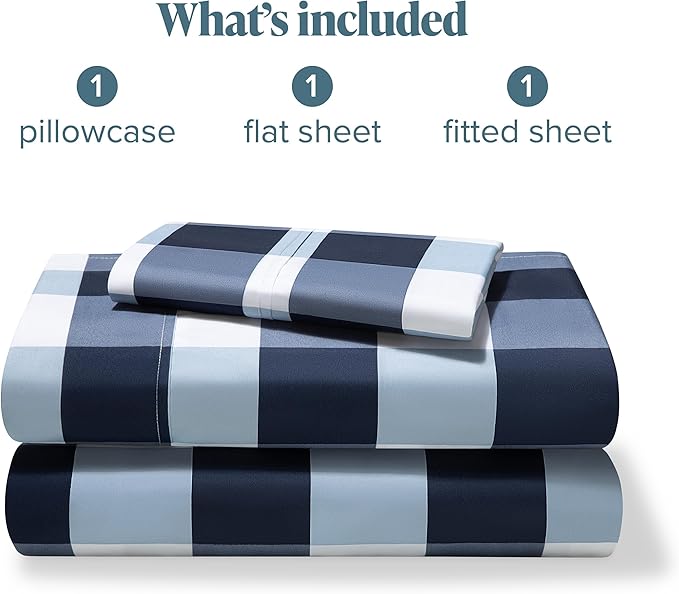 Bare Home Twin Sheet Set - Luxury 1800 Ultra- Soft Double Brushed Microfiber - Deep Pockets - Easy Fit - 3 Piece Bedding Sheet Set (Twin, Gingham Blue)