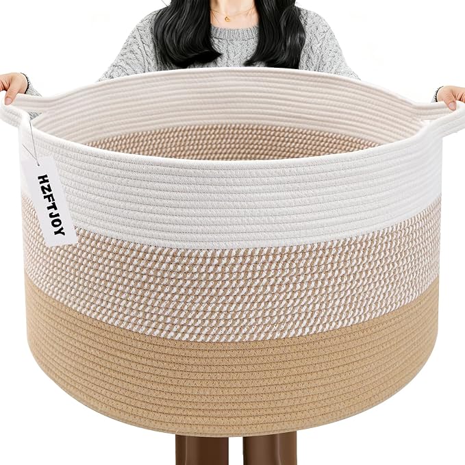 90L Large Blanket Basket,21.7"L x 21.7"W x 13.8"H Rope Woven Baskets with Handles, Toys Storage Bins,Laundry Basket Perfect for Living Room, Nursery,Bedroom,Home Organization,Yellow