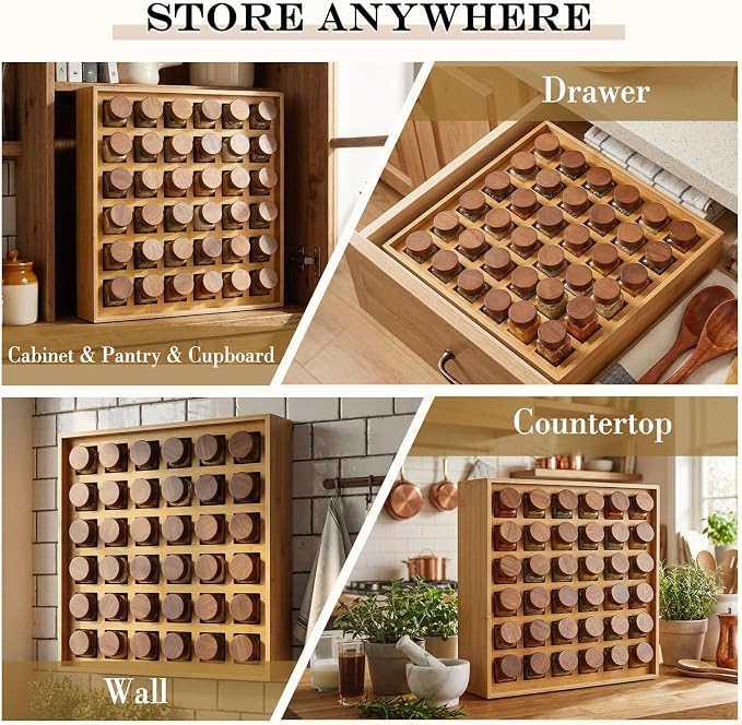 Novabright 36 Grids Bamboo Spice Rack Organizer, Wooden Spice Rack Wall Mount with Square Compartments, Wood Hanging Shelf for 4 oz Glass Jar Drawer Cabinet Kitchen Countertop Wall, Jars Not Included