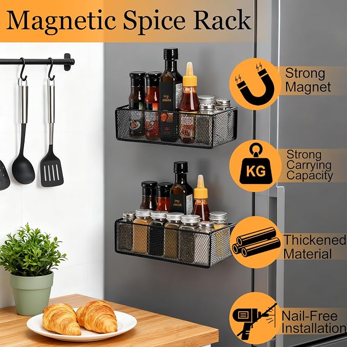 WUWEOT 2 Pack Magnetic Basket Fridge Side Organizers, Strong Magnetic Spice Rack, Metal Wire Mesh Shelf for Refrigerator, Kitchen Counter, Cabinet and Oven