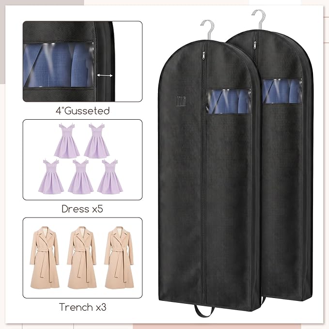 4 PCS 60" Suit Bags for Closet Storage and Travel, Dress Bags for Gowns, Garment Bag for Travel, Gusseted Hanging Garment Bag for Men Suit Cover With Handles, Zipper, Clear Window for Shirt Jacket