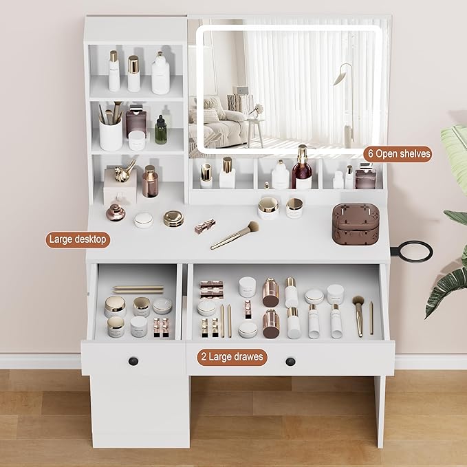 YIKEHOME Small Makeup Vanity Desk Set with Mirror, 39'' Vanity Table 3-Colour Lights with 5 Drawers & Shelves for Bedroom Dressing Room Brown
