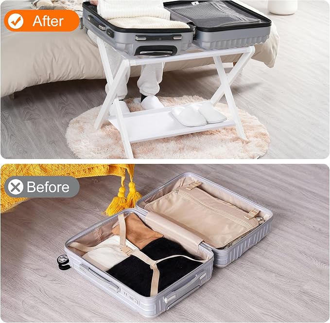 Heybly Luggage Rack, Pack of 2, Folding Suitcase Stand with Storage Shelf, Heavy-Duty Luggage Holder for Guest Room Bedroom Hotel, Holds up to 165 lb, White, HLR010W2
