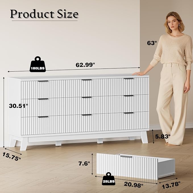 BORNOON 63" Long Dresser for Bedroom, 9-Drawer Fluted Dresser, Extra-Wide Wood Chest of Drawers with Smooth Metal Slides, Stable Base, Modern Clothes Storage Cabinet for Living Room, Hallway, Nursery