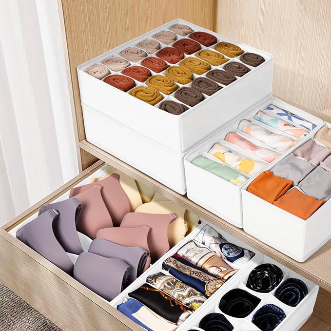 Criusia Drawer Organizer Clothes, 16 Pack Dresser Organizer Bins for Baby Clothes, Underwear Sock, Fabric Closet Organization and Storage Dividers for Nursery Bedroom (96 Compartments, White)