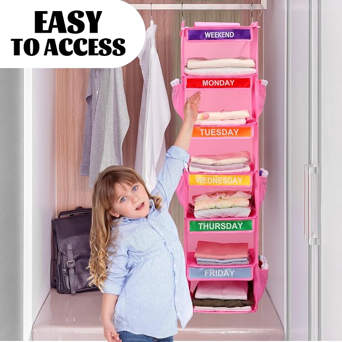 2 Pack 6-Shelf Weekly Clothes Organizer for Kids, Hanging Daily Closet Organization with 6 Side Pockets, Days of The Week Clothing Divider Storage for Boys and Girls (Pink)