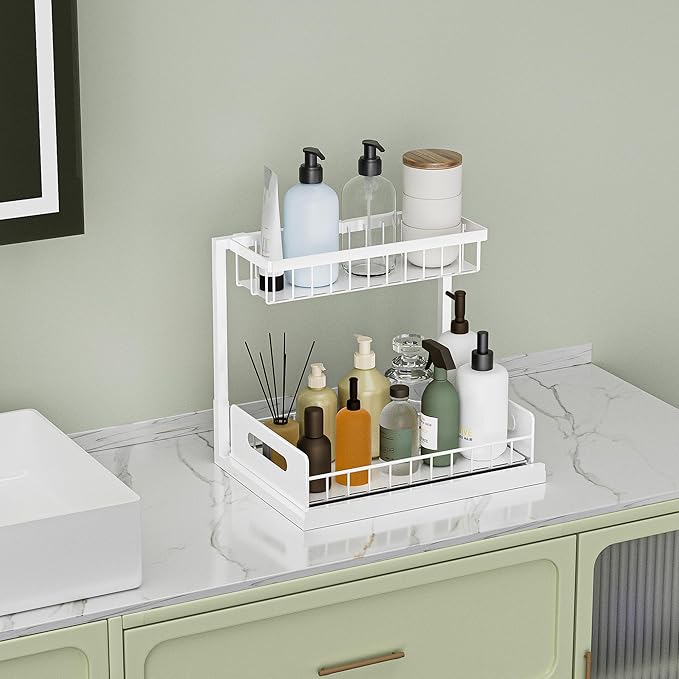 VUSIGN Under Kitchen Sink Organizer 2 Tier, Pull Out Bathroom Sink Organizers and Storage, Cabinet Kitchen Bathroom Storage Organization Shelf, 1 Pack White