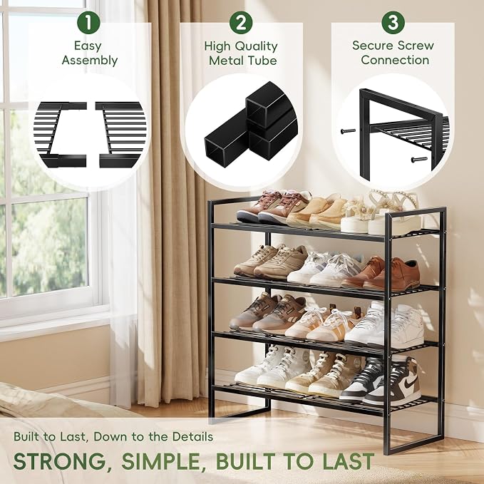 4 Tier Shoe Rack for Closet, 27 Inch Long Square Shoe Storage Organizer for Shelves, Heavy Duty Metal, Easy Assembly Stackable, Black