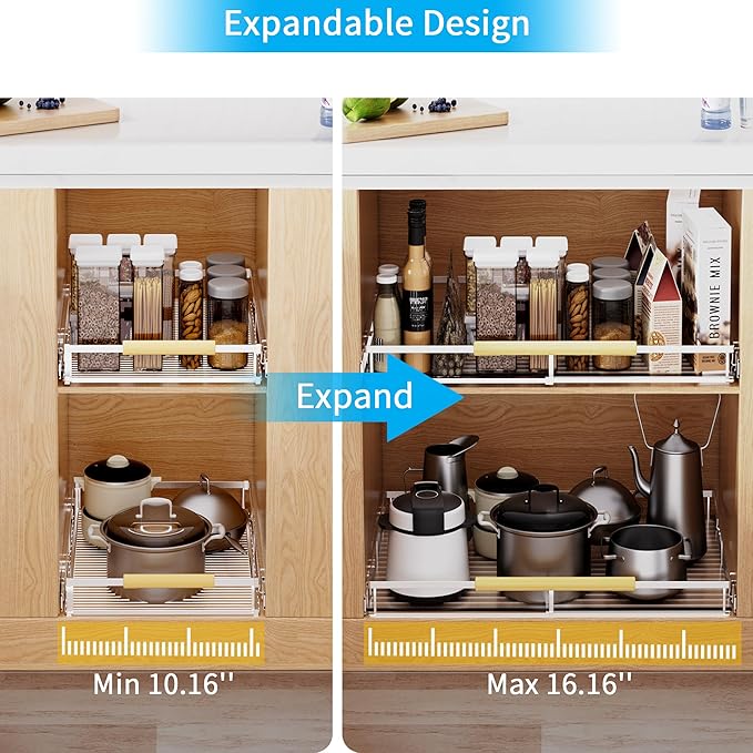 Expandable Pull Out Drawer Cabinet Organizer, Adjustable Width Bottom-Mounted Slide Out Storage Shelves for Cabinets, Required Cabinet Size (W: 10.16"~16.36", D≥22.5"), 2 Pack