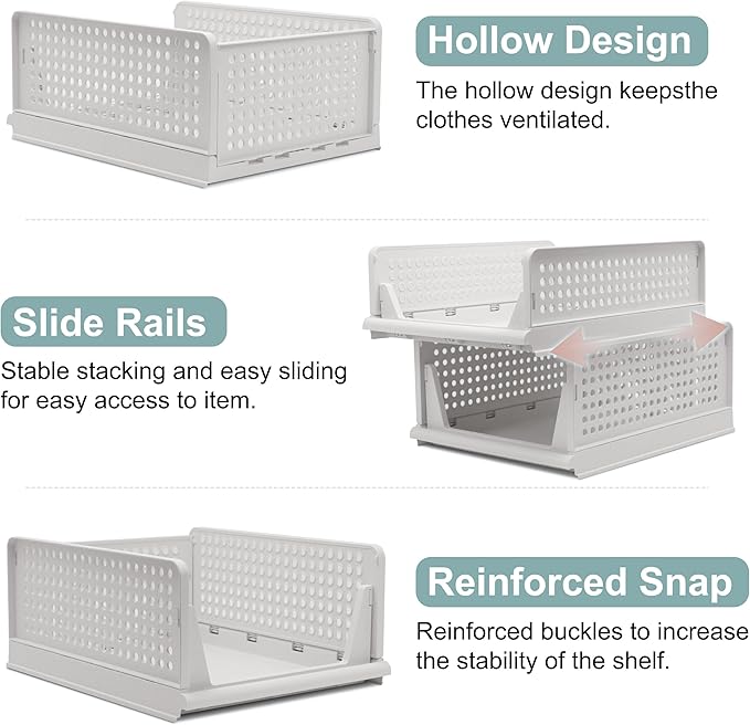 Goderewild Stackable Foldable Storage Baskets, Folding Storage Bins, Closet Organizers and Plastic Drawer Shelf Storage Container for Wardrobe, Cupboard, Kitchen, Bathroom, Office (White, 4L)