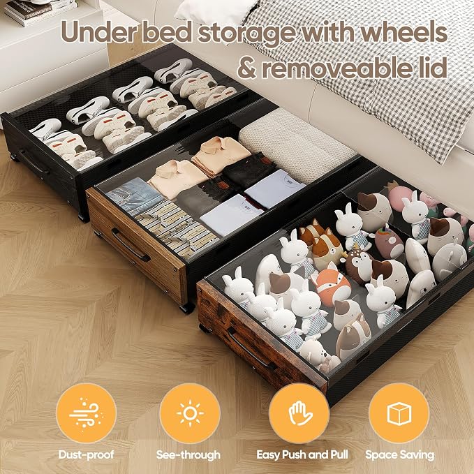 Under Bed Storage with Wheels, Wooden Under the Bed Storage with Remove Lid, Rolling Underbed Storage Drawers, Large Metal Storage Bins for Shoes Blankets Clothes Bedrooms Dorms (Vintage Brown-2pack)