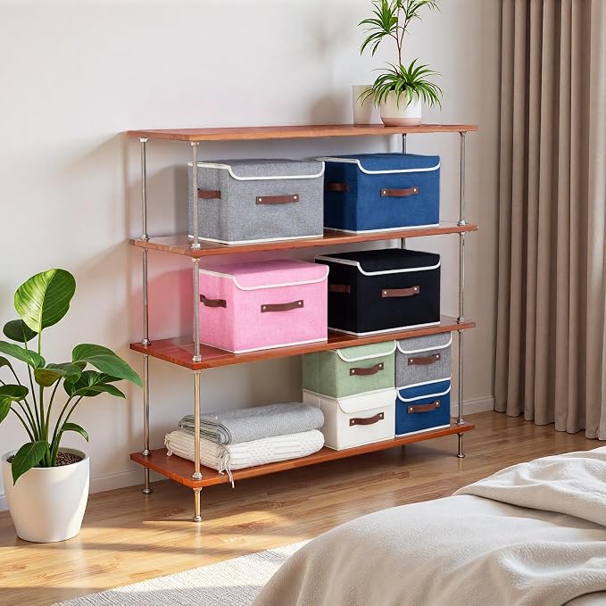 Collapsible Storage Boxes Baskets with Lid Cotton Linen Fabric Storage Bins with Faux Leather Handles Decorative Washable Cube Organizer Container for Home Closet Bedroom (Beige, Small Size)