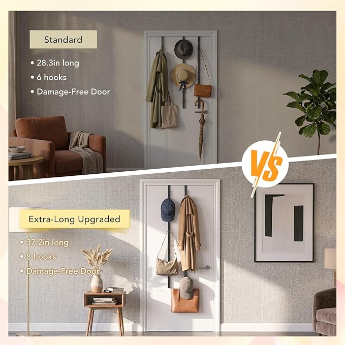 TOMIR Over The Door Hooks 2 Pack, Metal Long Hooks for Hanging, Behind Door Towel Rack, Purse, Coat Hanger, Non-Slip Pads with Suction Cups, Space-Saving Vertical Organizer, 37.2 Inches Black