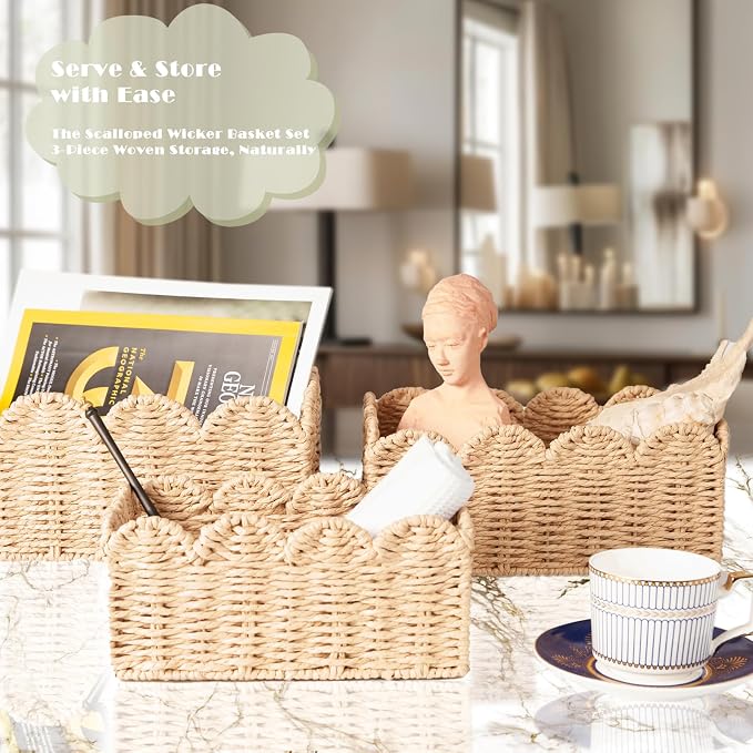 Scalloped Wicker Baskets, Set of 3 Hand-Woven Storage Baskets with Handles - Paper Rope Shelf Organizers & Decorative Baskets for Shelves, Closet, Bathroom (Beige）