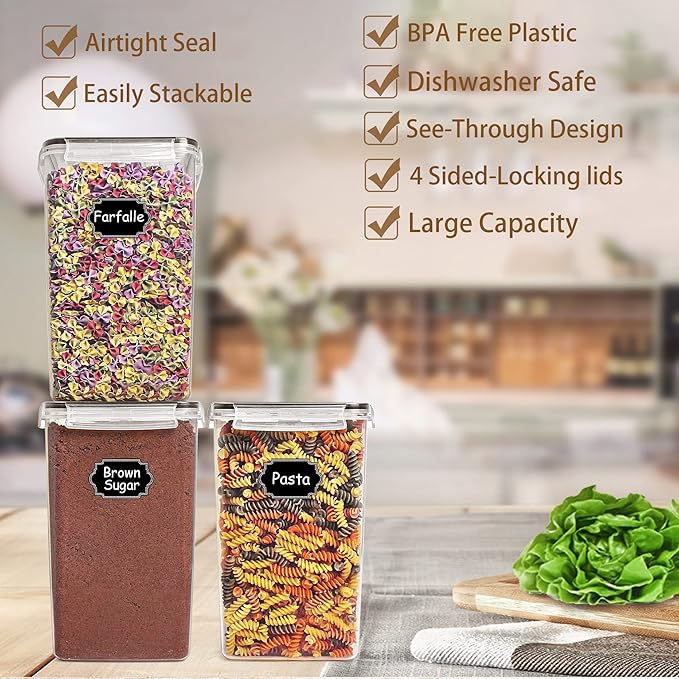 Wildone Extra Large Tall Airtight Food Storage Containers 6.5L/ 5.9QT, Plastic BPA Free Kitchen Pantry Storage Containers 4 Pieces for Flour, Sugar, Rice, with 20 Labels & 1 Marker, Black