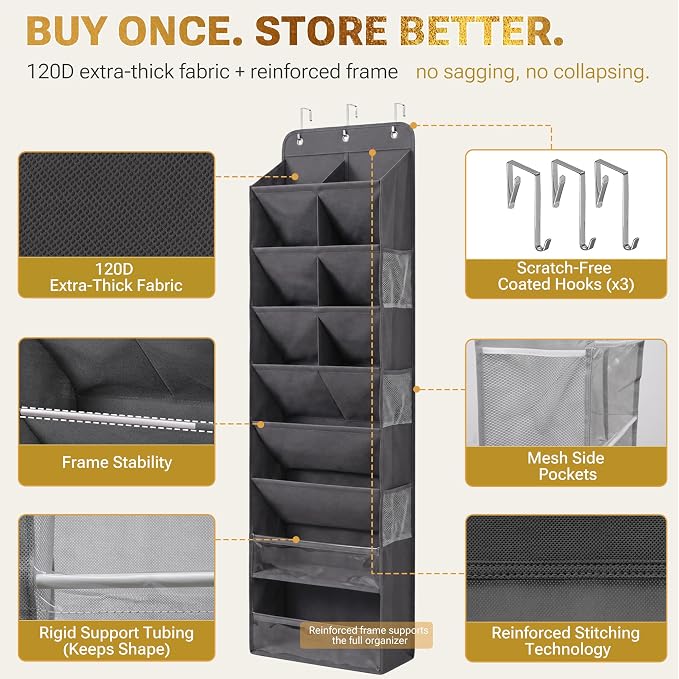 HOMELUX THEORY 8 Tier Hanging Shoe Organizer for Closet, Over the Door Shoe Organizer with Deep 120D Extra Thick Pockets, Shoe Rack for Closet & Entryway, with 6 Side Pockets for Boots (Blue)