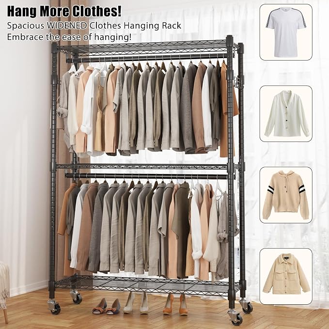 BATHWA Heavy Duty Rolling Clothes Rack with Wheels, 640 lb Hanger Rack & Garment Rack, 25mm Metal Freestanding Portable Closet, 2 Rods + Adjustable Shelves for Hanging Clothes