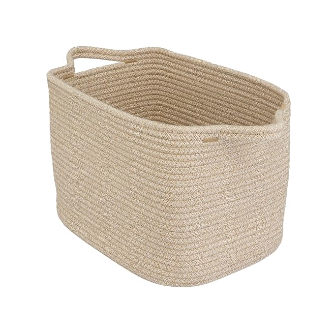 XUANGUO Woven Cotton Rope Storage Basket with Handles 13x10x9 inch Oatmeal | Woven cotton rope basket for shelves and closets. Perfect for toys, books, clothes, nursery storage and gift baskets