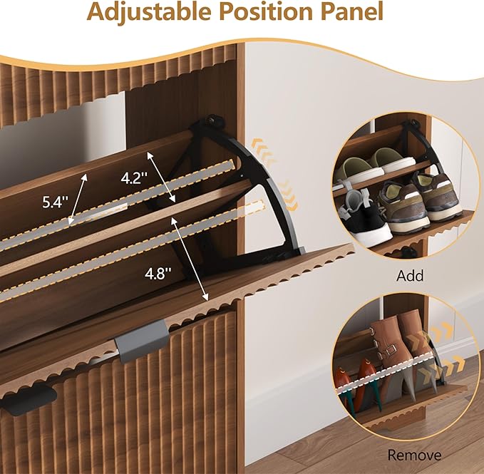 Shoe Cabinet Storage for Entryway with 6 Flip Drawers, Walnut Fluted Shoe Cabinet with Adjustable Shelves, Wooden Hidden Shoe Rack Freestanding Narrow Slim Shoes Storage for Hallway, Entrance