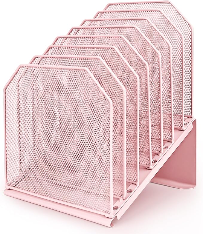 SUMMORO Inclined File Organizer for Desk, 7-Tier Vertical File Folder Holder Office Desk Organizer Metal Rack File Wire Mesh Desktop Document Sorter for Office School Classroom Home (Pink)