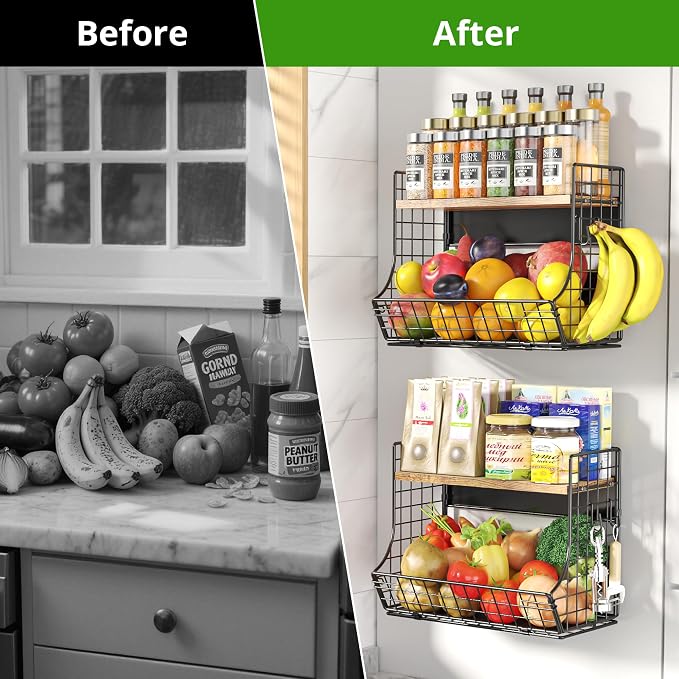 Magnetic Shelf for Fridge with Wood Lid, Fruit Potato and Onion Storage Bins, Pantry Organizers and Storage, Strong Magnetic Spice Rack for Refrigerator, Kitchen Counter and Laundry Room