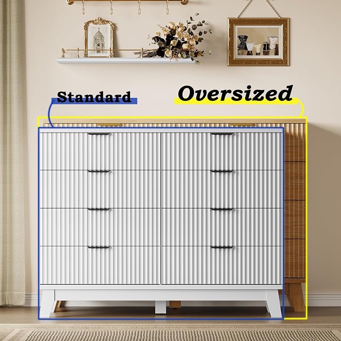 BORNOON 53" Wide Dresser for Bedroom, 8-Drawer Fluted Chest of Drawers, Modern Wood Highboy with Metal Slides and Handles, Anti-Tip Kit, Vertical Clothes Storage Organizer for Apartment, Closet