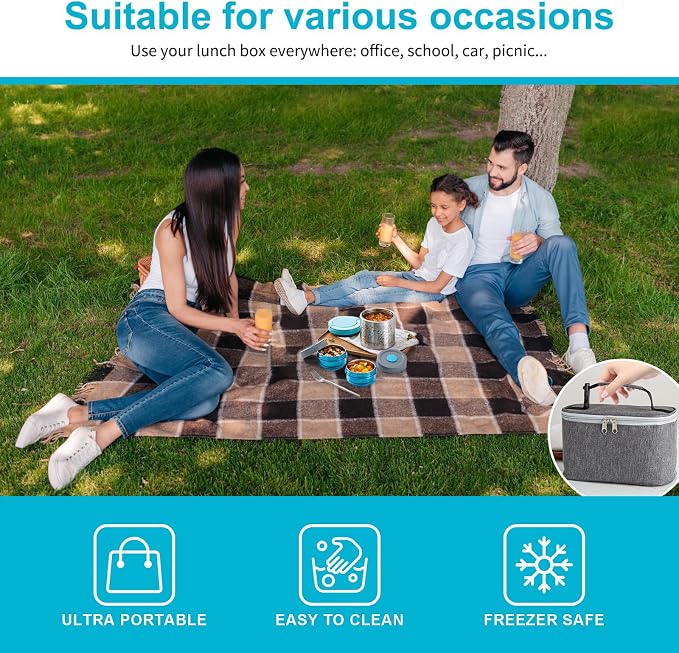 Lille Home Stainless Steel Thermal Lunch Box Set with Lunch Bag and Cultery | 22 Oz Vacuum Insulated Lunch Bento Box, to Keep Food Warm/Cool, 2 Small Food Container for Snack, Fruits and Sauces (Blue)