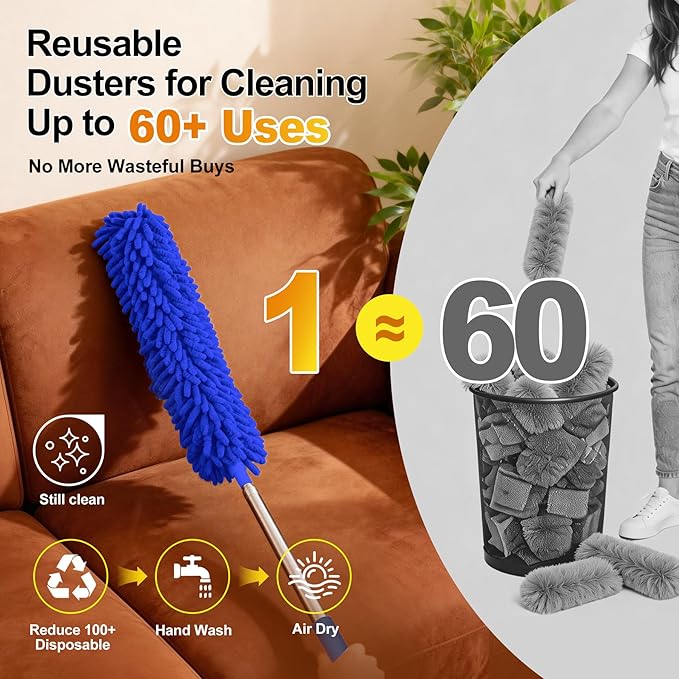 Tiumso Ceiling Fan Cleaner Dusters for Cleaning 6-in-1 Kit, Cobweb Duster with Extension Pole, 100 Inches High Ceiling Fan Blade Cleaners with 5 Reuseable Dusting Heads for Windows and Blinds- Blue