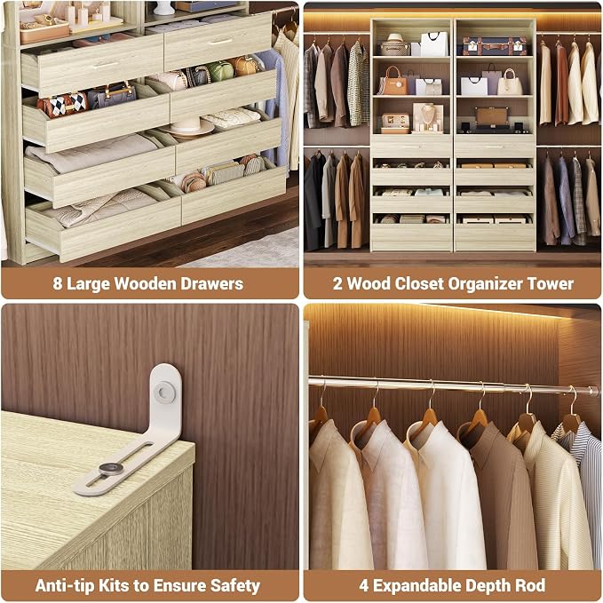 Aheaplus Closet System with 12 Drawers, 8.5-11.5Ft Wood Closet Organizer System with 4 Hanging Rods & 3 Towers, 4Ft & 6Ft L-Shaped Walk-in Closets Wardrobe Organizer Clothes Rack, Set of 3, White Oak