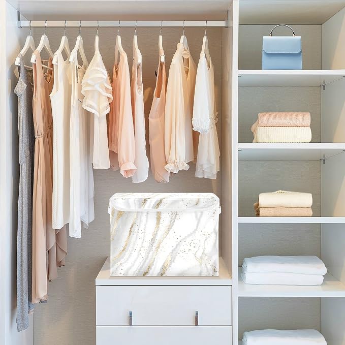 CaTaKu Large Fabric Storage Bins With Lids, Gold White Marble Storage Boxes With Handles for Organizing Clothes, Collapsible Storage Cube Bins Baskets for Shelves