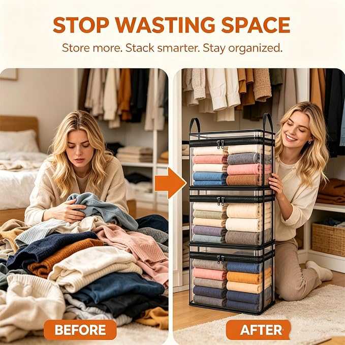 Large Clear Thick Plastic Storage Box with Hinged Lid, Heavy-Duty Durable High Capacity Organizer, Foldable Storage Box,Perfect for Home, Camping, Travel, Attic & Moving (Black-L-1)