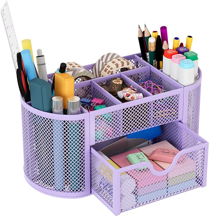 EasyPAG Mesh Pen Holder Desk Organizer with Drawer Stationery Supplies Organizer for Dorm School 9 Compartments Workspace Desk Accessories Organization for Office (Light Purple)