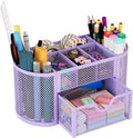 EasyPAG Mesh Pen Holder Desk Organizer with Drawer Stationery Supplies Organizer for Dorm School 9 Compartments Workspace Desk Accessories Organization for Office (Light Purple)