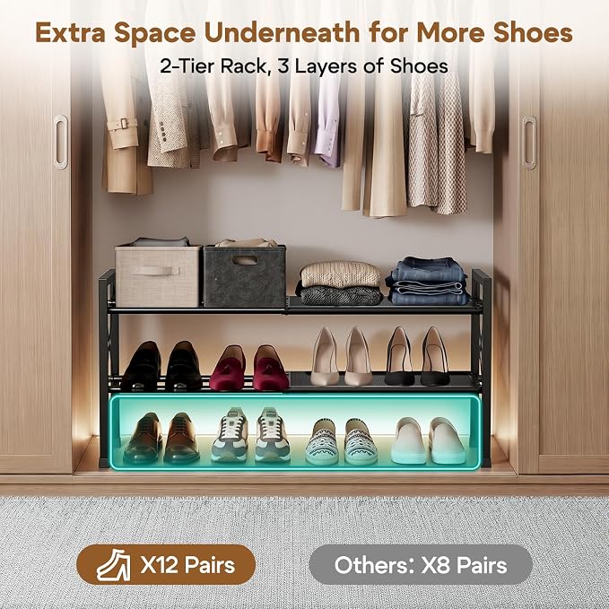 YEASHEIN 2-Tier Expandable Shoe Rack Organizer with Wire Mesh Shelf - Black | Sturdy Metal Shoe Shelf with 3-Tier Storage, Adjustable Shoe Stand, Free Standing Shoe Rack for Closet, Entryway, Garage