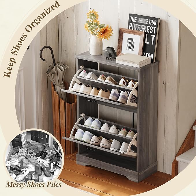 Semiocthome Farmhouse Shoe Storage Cabinet with 2 Flip Drawers, 23.6"(W) Freestanding Shoe Organizer with Barn Door and Metal Handles for Entryway, Rustic Narrow Slim Shoe Rack Cabinet - Washed Gray