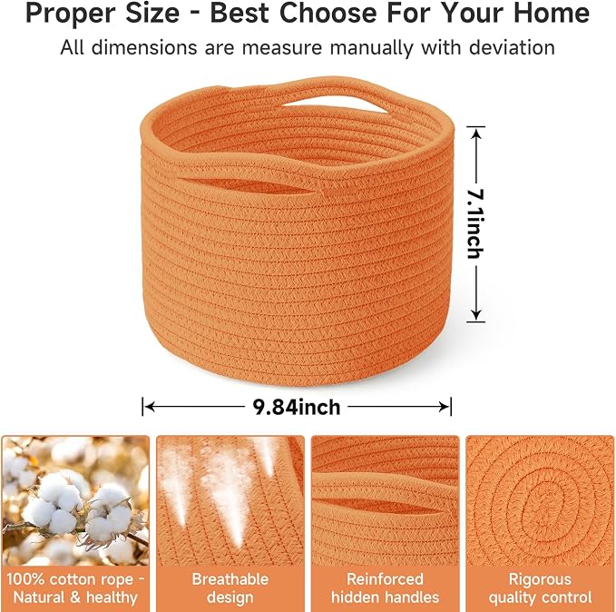 Small Rope Baskets for Storage, Baskets for Gifts Empty, Cute Round Woven Basket, Decorative Shelf Baskets 9.82×9.82×7.1", Cotton Toy Basket Storage Bins for Organizer 3 Packs-Orange