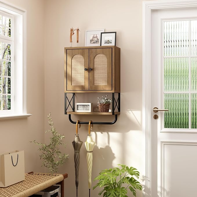 RUSTOWN Rattan Bathroom Wall Cabinet, Boho Over The Toilet Storage Cabinet | Arched Rattan Doors, Modern Medicine Cabinet, Adjustable Shelves, Towel Bar, Rustic Oak