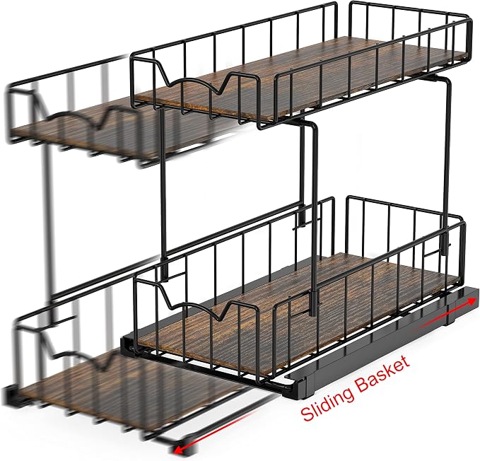 Simple Houseware 2-Tier Spice Rack Slide Out Wire Basket Drawer, Black | 2-Tier Spice Rack Slide Out Wire Basket Drawer Organizer