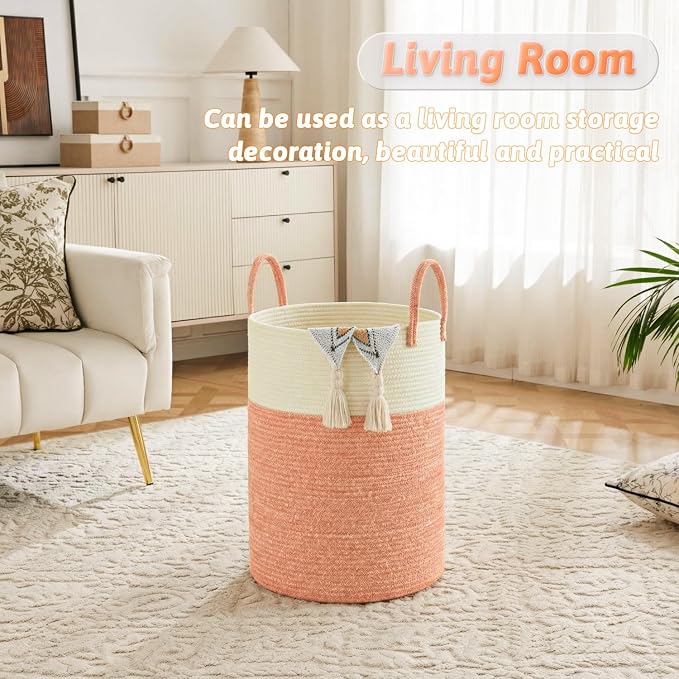 Laundry Basket,Woven Cotton Rope Laundry Hamper,60L for Decor Storage of Dirty Clothes,Toys and Blankets in Bathroom,Baby Room and Living Room